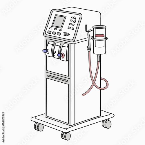 Dialysis machine with screen and tubes on wheels medical equipment