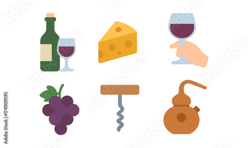 Wine and cheese set featuring bottles, glasses, cheese, and grapes in a flat style