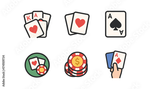Colorful poker and card game icons: chips, cards, decks, and hands