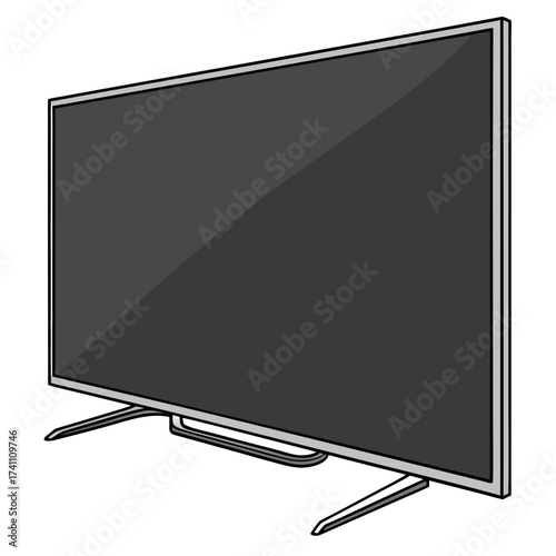 Flat screen television with silver frame and black screen
