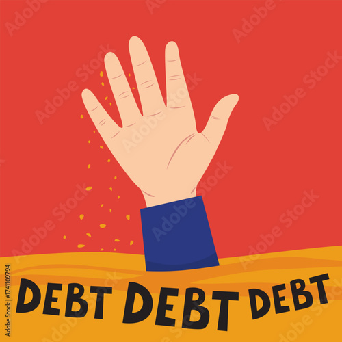  Debt Hand Sink in Crisis Word Debt. Illustration, Cartoon, Vector.