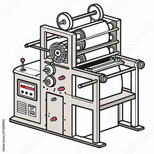 Gray printing press machine with red accents industrial