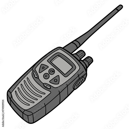 Gray walkie talkie with black outline on white radio