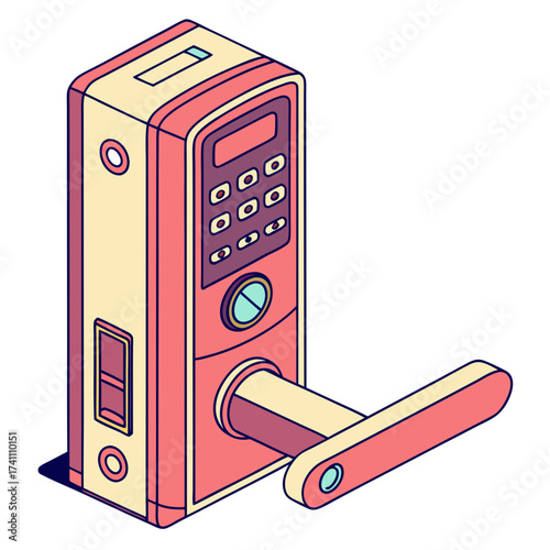 Isometric colorful smart door lock with keypad and handle