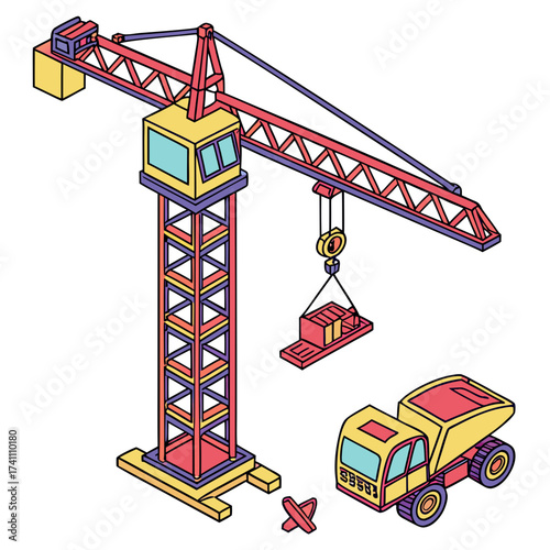 Isometric construction crane and truck with cargo vector
