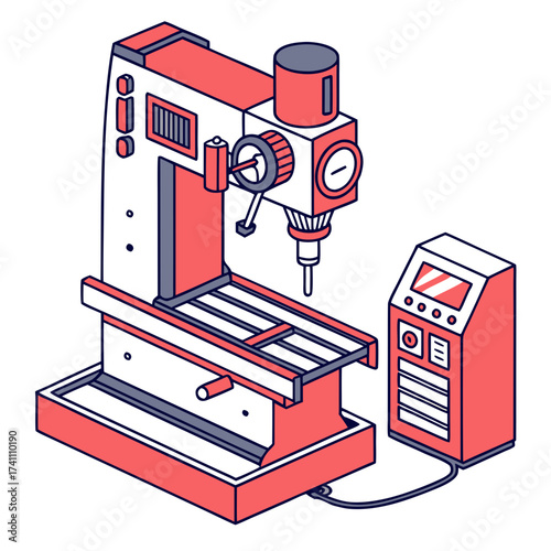 Isometric coral and grey milling machine with control panel