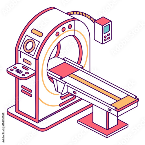Isometric medical scanner machine with pink and yellow accents