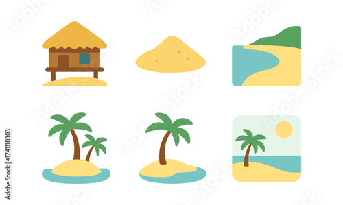 Tropical beach icons collection: palm trees, sand, hut, ocean scenery in flat design style