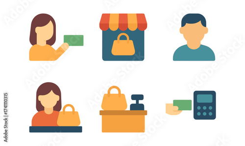 Shopping and transaction process in flat design icons
