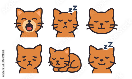 Cute cat emoji set featuring sleepy and yawning expressions in flat style