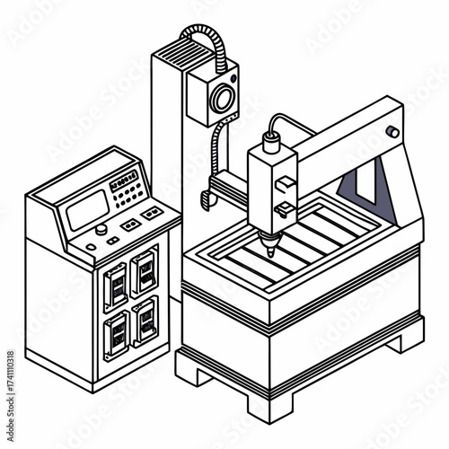 Isometric illustration of a C N C machine and control panel