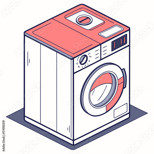 Isometric illustration of a coral and white washing machine