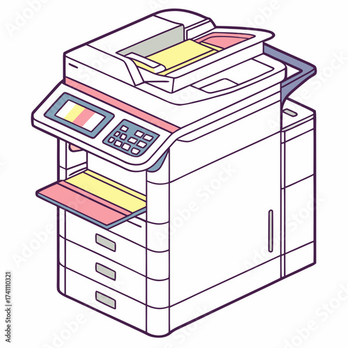 Isometric illustration of a photocopier machine printer
