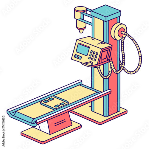 Isometric medical scanner with yellow bed and control panel