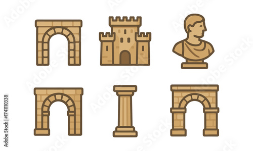 Ancient roman icon set featuring arch, castle, column, and bust in flat design style