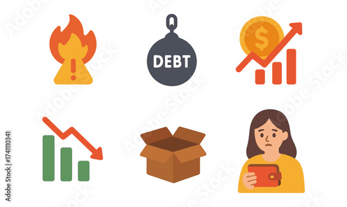 Economic challenges and financial crisis icons set