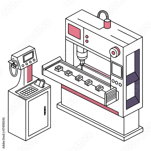 Isometric illustration of industrial C N C machine and control panel