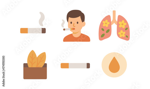 Flat style smoking hazards concept with cigarette, lungs, and tobacco leaf icons