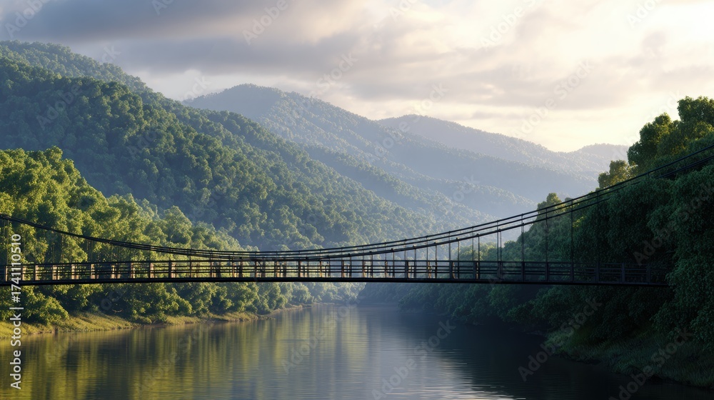 Fototapeta premium Serene landscape featuring a suspension bridge over a calm river surrounded by lush green mountains