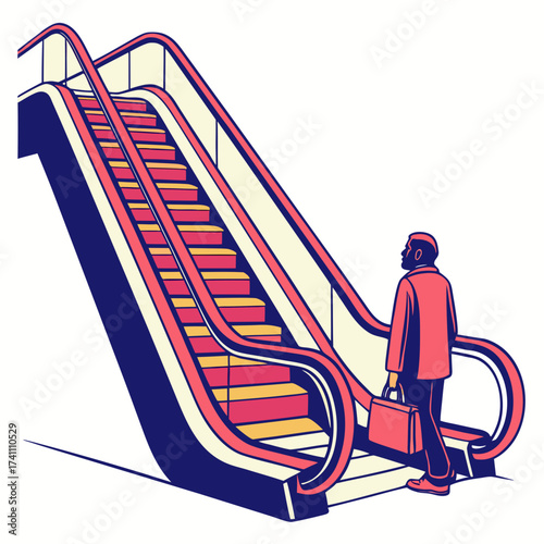 Man with briefcase on a colorful escalator travel transportation