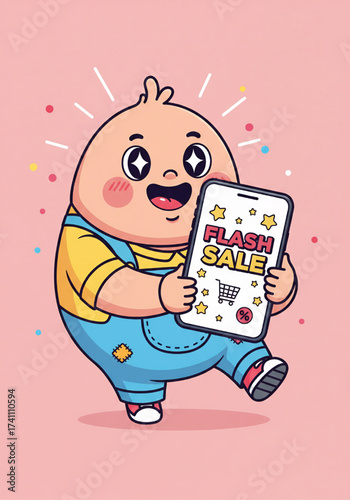 A cheerful cartoon character excitedly holds up a smartphone displaying a flash sale advertisement in a colorful playful environment.