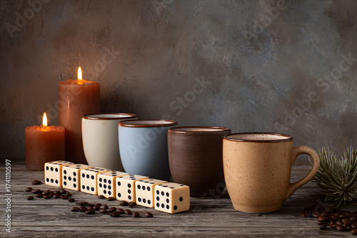 Arrangement of mugs and candles, illuminated by soft candlelight with dices on a wooden surface