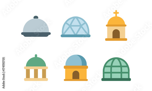 Colorful dome icon set featuring geometric and cultural designs
