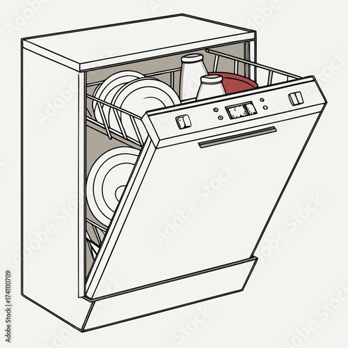 Open dishwasher with dishes and bottles inside kitchen appliance