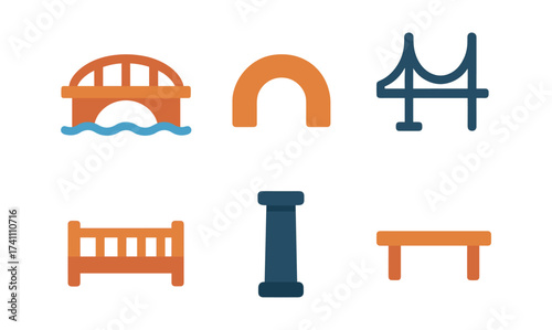 Set of colorful bridge icons and architectural elements in flat design