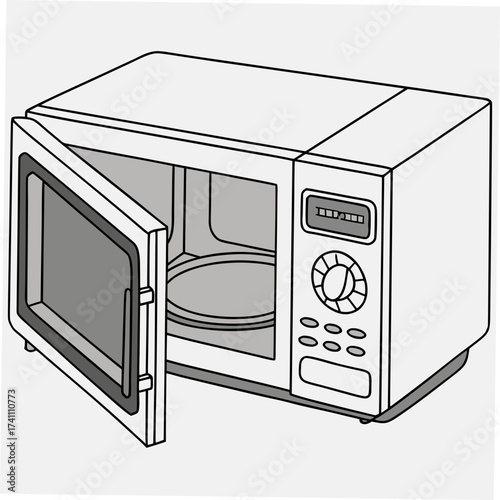 Open microwave oven with buttons and display open door