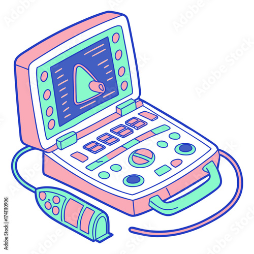 Pink and mint green ultrasound machine with blue outlines