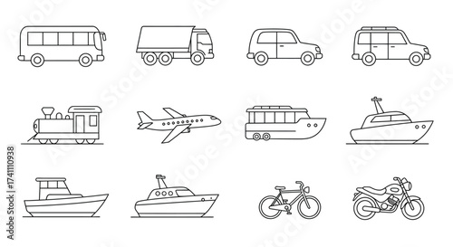 Various transportation vehicles depicted in simple black and white line art