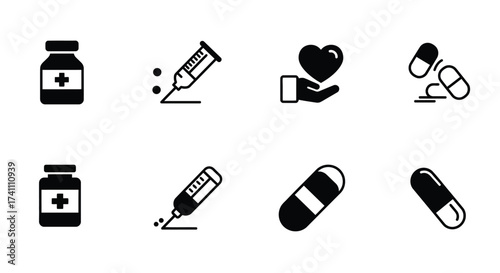 Medical icons depicting medicine syringes hearts and pharmaceutical pills