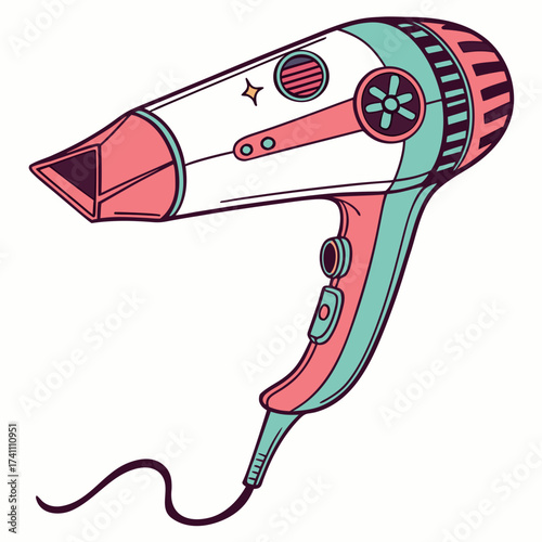 Pink and teal retro hairdryer illustration hair dryer