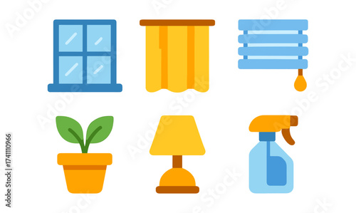 Flat home essentials icons: window, curtain, blinds, plant, lamp, spray bottle set
