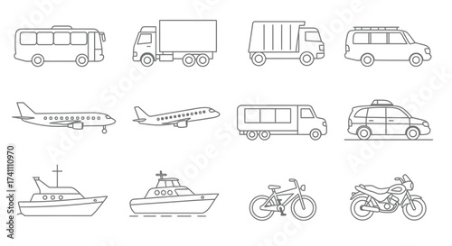 Collection of various transport vehicles in simple line art style