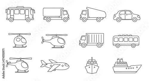 Collection of transport vehicles in linear style including cars and aircraft