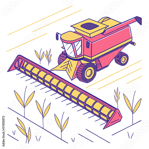 Pink and yellow combine harvester in a field illustration