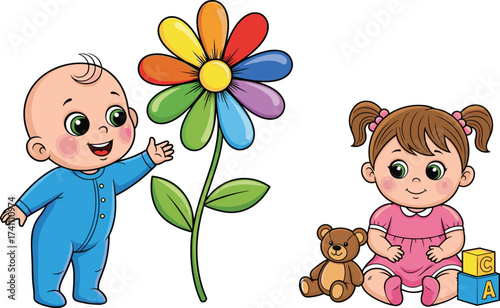 Cute cartoon children playing with colorful flower, baby boy in blue onesie, baby girl with teddy bear, alphabet blocks, educational illustration