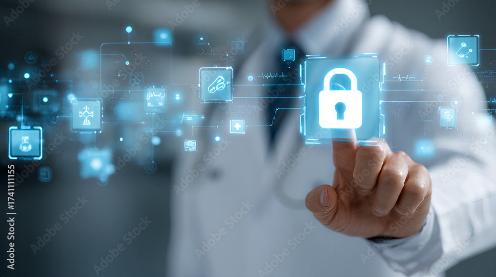 Fototapeta premium Medical entering password on virtual patient dashboard, data privacy, online medical records, and digital health innovation. healthcare cloud, secure EHR systems, HIPAA compliance, and telemedicine