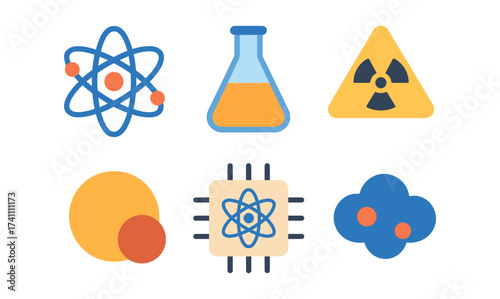 Scientific and technology icons in flat design featuring atom and radiation symbols
