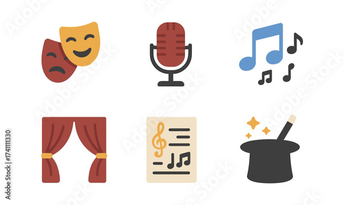 Colorful icons of theater and music: masks, microphone, and magic hat