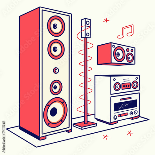 Red and cream home theater speaker system with musical notes