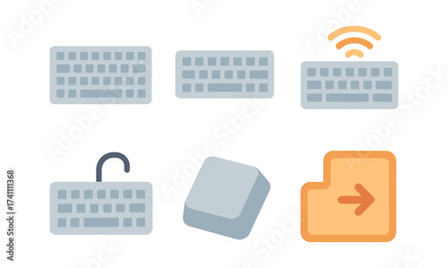 Flat icon set of computer keyboards featuring wifi, key, and arrow designs