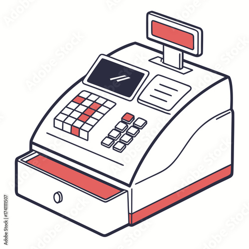 Red and white cash register with dark blue outline