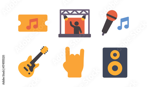 Music festival elements: tickets, stage, instruments, and symbols in flat design