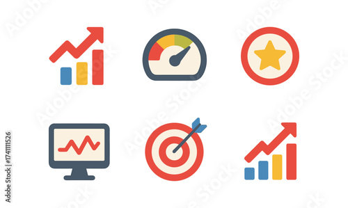 Colorful business icons for data analysis and performance metrics