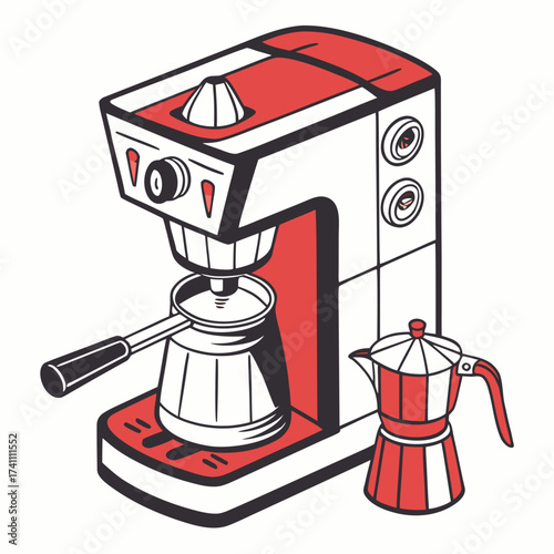 Red and white espresso machine with moka pot coffee maker