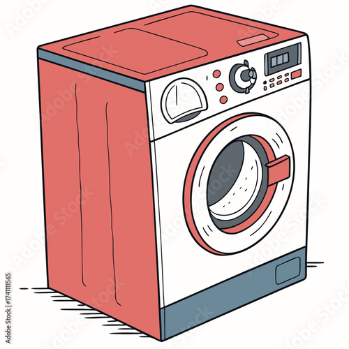 Red and white front loading washing machine with digital panel