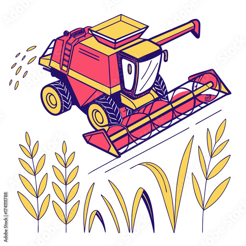 Red and yellow combine harvester harvesting wheat illustration
